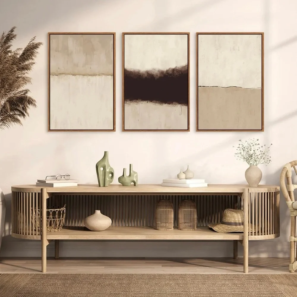 New West Elm Large Abstract Set of 3 Framed Canvas Wall Art Paintings Decor 24
